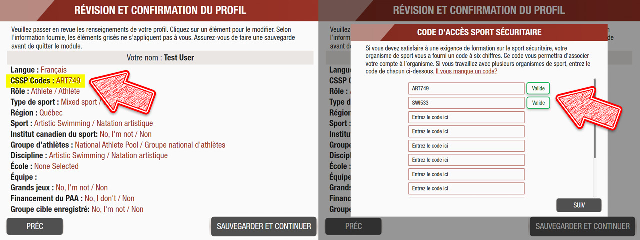 Écran de révision du profil avec la ligne de code CSSP en surbrillance et l'écran de saisie du code en lightbox